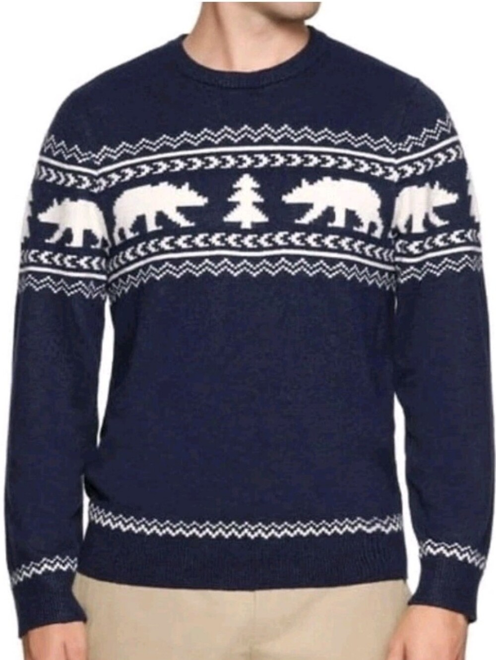 Lands End Men's Long Sleeve Crew Neck Fair Isle Nordic Polar Bear Sweater Med